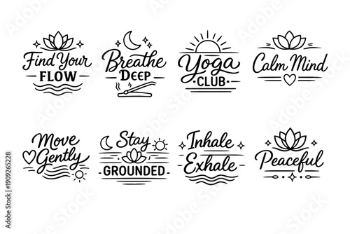 Relaxation and mindfulness phrases in elegant calligraphy with yoga and meditation symbols