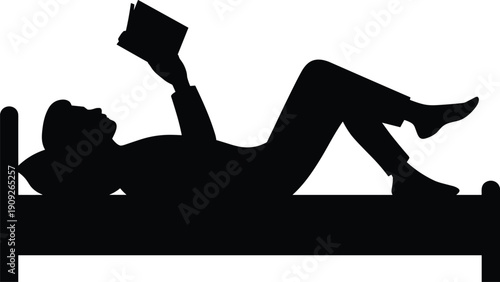 Man reading book lying on bed silhouette relaxed lifestyle leisure education black white vector illustration isolated indoor concept