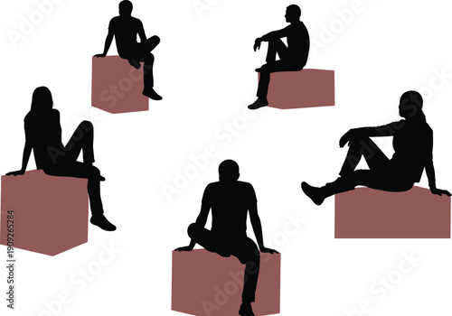 Man silhouette sitting poses, male figure seated on cube, modern minimal people illustration, isolated black shapes on white background