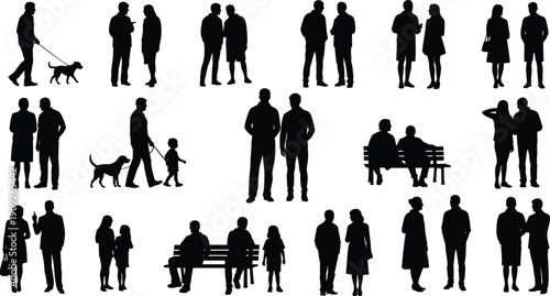 People interaction silhouettes collection, couples families friends walking talking sitting, daily urban life scenes, social relationships concept, isolated black figures