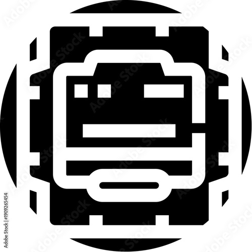 Computer processor microchip icon in a black and white glyph style, depicting electronic hardware as a symbol of advanced digital technology and computing power
