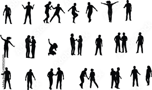 People interaction silhouettes set, men women communication gestures poses, social behavior activities scenes, daily lifestyle moments, isolated black figures