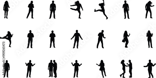 People interaction silhouettes collection, human gestures movements poses, social communication lifestyle scenes, men women activities, isolated black figures set illustration