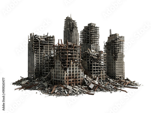 Cluster of devastated city buildings reduced to crumbling skeletons and rubble isolated on a pure black background