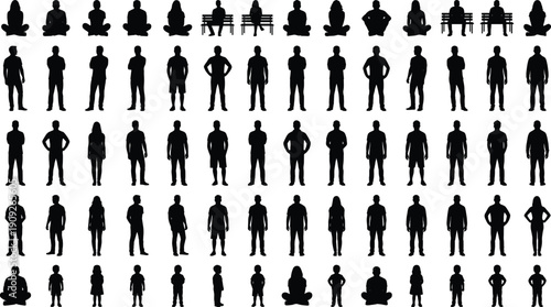 People silhouette collection showing men women and children standing and sitting poses, isolated black human figures set diversity