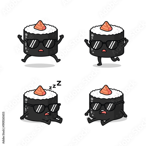 Cute cartoon sushi characters in different poses and emotions on white background