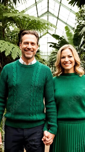 Happy Couple in Matching Green Sweaters in a Botanical Garden.