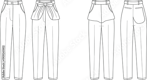 Women’s trousers technical flat sketch set showing front and back views, fashion pants outline vector illustration for apparel design and clothing production