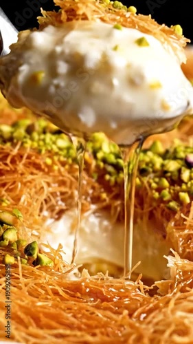 Indulgent sweet cheesy Kunafa pastry being served with a spoon.