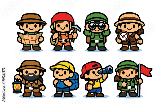 A group of cartoon explorers with various equipment and tools for adventure and discovery