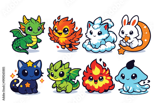 A group of cute cartoon characters with different elements and colors on a white background