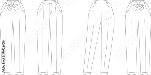 Women’s high waist trousers technical flat sketch set with bow detail, front and back views, fashion pants outline vector illustration for apparel design