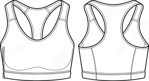 Women’s racerback sports bra technical flat sketch with front and back views, activewear outline vector illustration for fitness, yoga and athletic apparel design