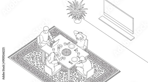 A black and white drawing of people sitting on a blanket