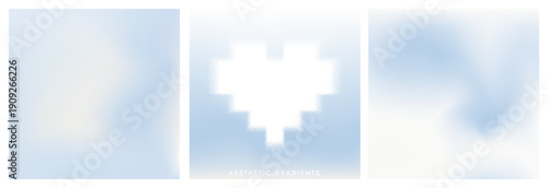 Set of 3 square romantic sky backgrounds. Light airy clouds, white pixelated heart with halftone effect. Soft modern backdrops for photo frames, love messages, social media, engagement announcements