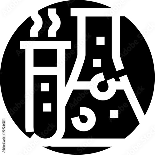 Chemistry lab glassware including a steaming test tube and an erlenmeyer flask, symbolizing scientific investigation and discovery in education and medical research fields