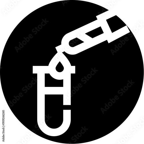 Lab dropper releasing a precise liquid drop into a test tube, minimalist black and white vector symbolizing scientific research, medical testing, chemical analysis and biotech discovery