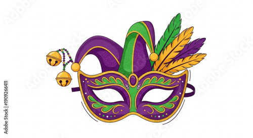 Mardi gras mask with feathers and bells purple green gold decoration carnival costume accessory