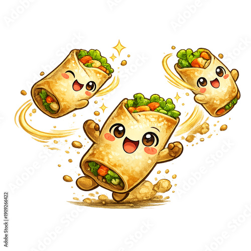 Playful spring rolls mid-flip