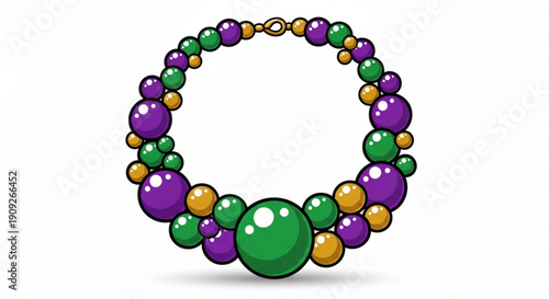 Colorful beaded necklace with green purple and gold beads on white background
