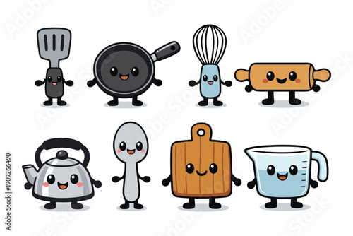 A group of cartoon kitchen utensils with smiling faces on a white background
