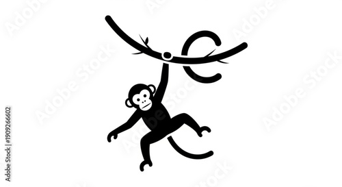 Monkey hanging from branch with one hand smiling playfully