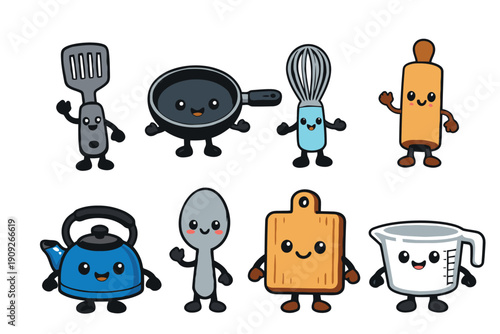 A colorful illustration of cartoon kitchen utensils with smiling faces and arms