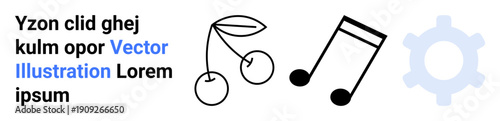 Graphic design, technology, entertainment, creativity, education, digital media. Two cherries, a musical note and a gear. Graphic design and technology concepts for diverse uses