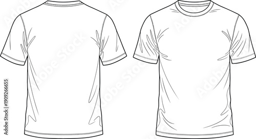 Realistic crew neck t shirt technical flat sketch showing front and back views with fabric wrinkle details for apparel template