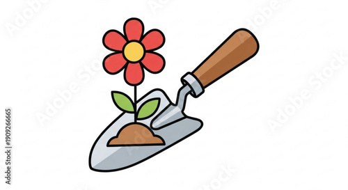Trowel with soil and blooming flower for gardening and planting