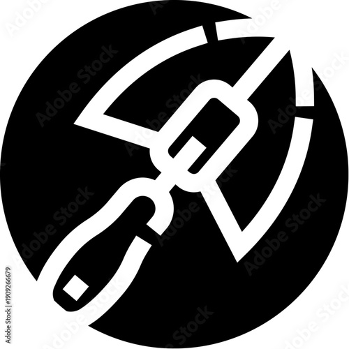 Gardening hand tool for planting and cultivating plants, featuring a spade, fork, and trowel designed within a circle, symbolizing growth and horticulture activities