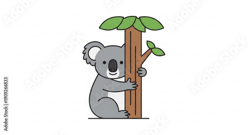 Cute cartoon koala bear hugging a tree with green leaves on white background