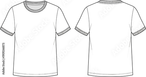 Ribbed crew neck t shirt technical flat sketch showing front and back views for modern apparel template design