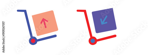 Two colorful hand trucks carrying boxes with opposing delivery arrows.