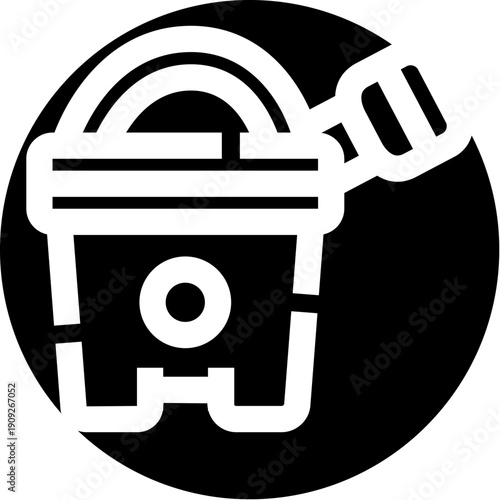 Beach toy bucket and shovel icon for children's outdoor fun, representing childhood recreation, summer activities, and leisure time by the ocean or in a sandbox
