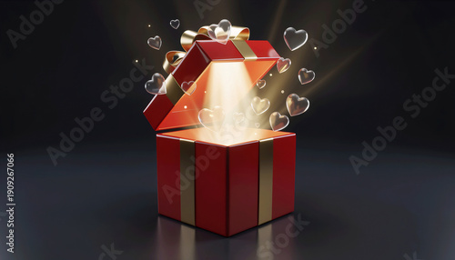 Open Red Gift Box with Glowing Hearts Romantic Valentine Surprise Concept