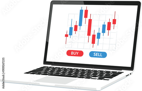 Online trading laptop illustration with candlestick chart and buy sell buttons representing stock market analysis, digital investment platform, financial strategy, and real-time trading concept
