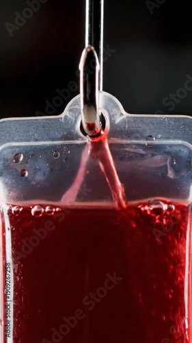 Medical blood bag hanging for a donation or transfusion procedure.