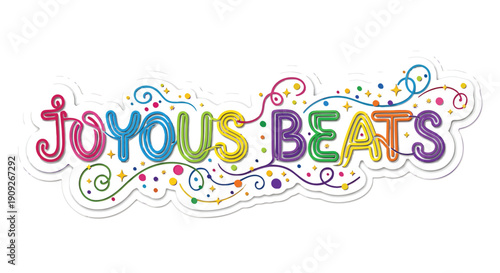 Colorful 'Joyous Beats' text illustration with swirls and dots, for music or party banner, overlay effect, Isolated on transparent background, png