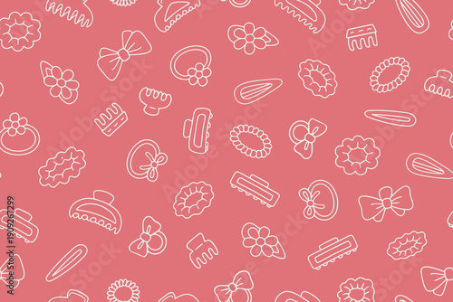 Seamless vector illustration featuring a pattern of various hair accessories such as bows, clips, and combs on a pink background. Ideal for fashion design and textile applications.