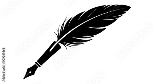 A black feather quill pen is depicted in a simple illustration on a clean background from a straightforward viewpoint