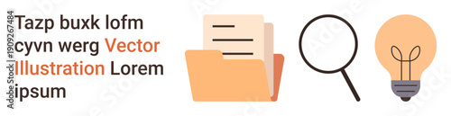 Document management, research insights, creativity, innovation, organization, file processing. are a folder with paper, magnifying glass and light bulb. Document management and research concept