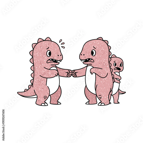 Quarreling cartoon dinosaurs fighting with a baby dinosaur in the background with copy space
