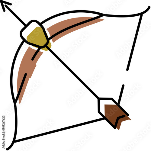 Bow and arrow icon capturing the essence of archery, a fundamental weapon and sport, symbolizing accuracy, target, and the astrological sign sagittarius on a white background