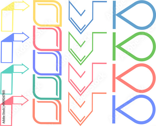 カラフルなライン矢印と角丸フレーム・ドロップ型コールアウトを組み合わせたインフォグラフィック用デザインパーツセット｜業務フロー・手順説明・プレゼン資料に使えるモダンなベクター素材集