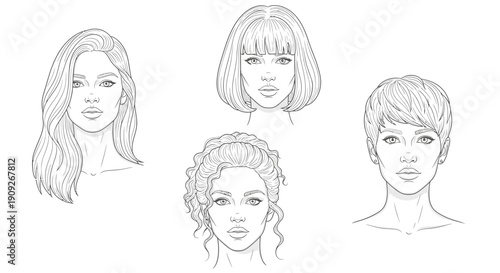 Diverse Female Hairstyles: Sketch Collection of Women's Haircuts and Styles