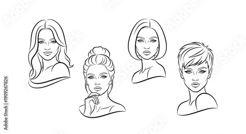 Diverse Female Hairstyles Sketch: Long Wavy, Updo, Bob, Pixie Cut