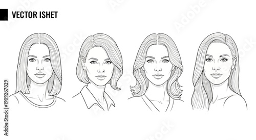 Diverse Female Hairstyles: Vector Illustrations of Four Women's Portraits