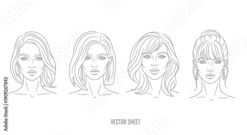 Diverse Female Hairstyles Vector Set: Fashionable Women's Haircuts Line Art Collection