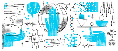 AI Robotic Hands Concepts, Global Technology and Balance Symbols in Hand-Drawn Doodle Style
